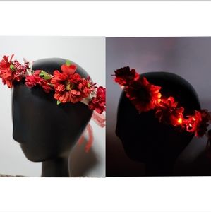 Red Floral Flower Crown Headband LED Light-Up Glow Headpiece